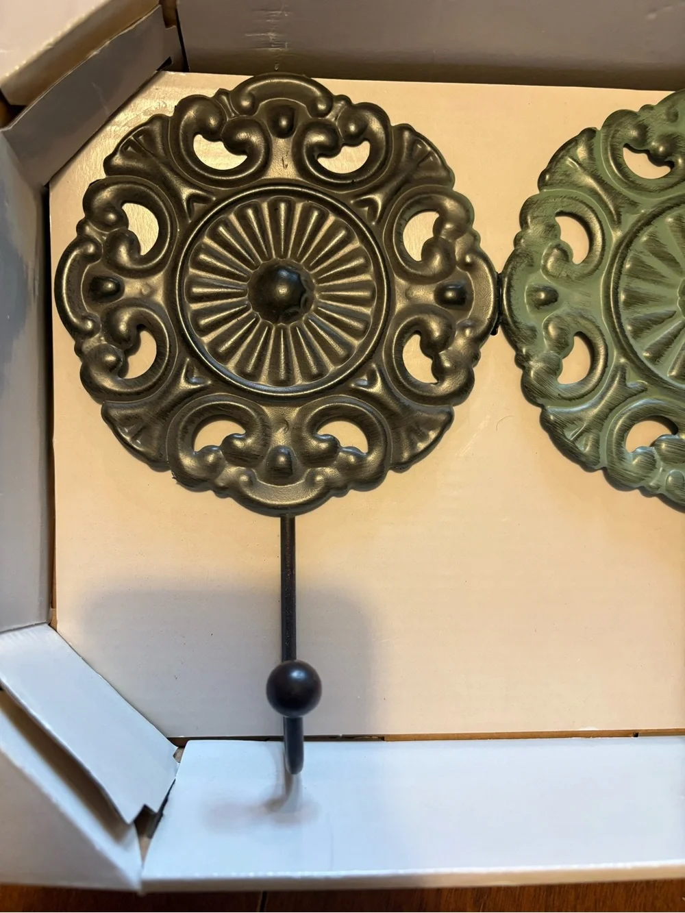 Ornate Triple Wall Hooks in Green and Bronze Finish